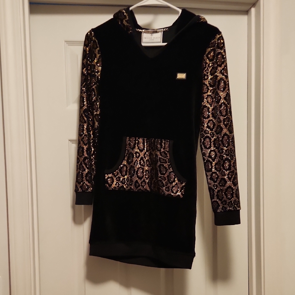 Philipp Plein Junior Black Hoodie with Leopard Sequin Skull Detail